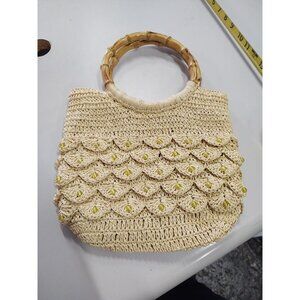Sun N Sand Women's Purse Tan Bamboo Round handles Yellow beads Macrame Rafia